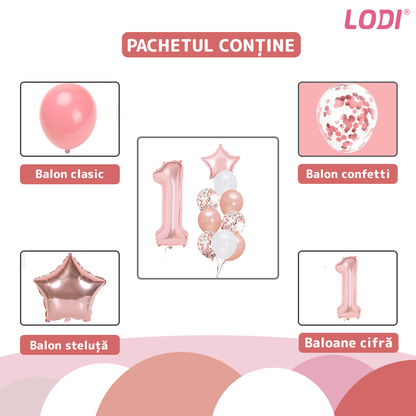 Set 12 Baloane Lodi1060, Cifra 1, pentru Petreceri/Aniversari/Evenimente, Stea/Rotunde/Confetti, 3 culori, latex, rose gold