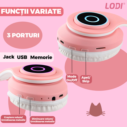 Casti Wireless Model Pisica Lodi949, B39, overear, urechi de pisica cu iluminare RGB, bluetooth 5.0, handsfree, HiFi, bass stereo, roz