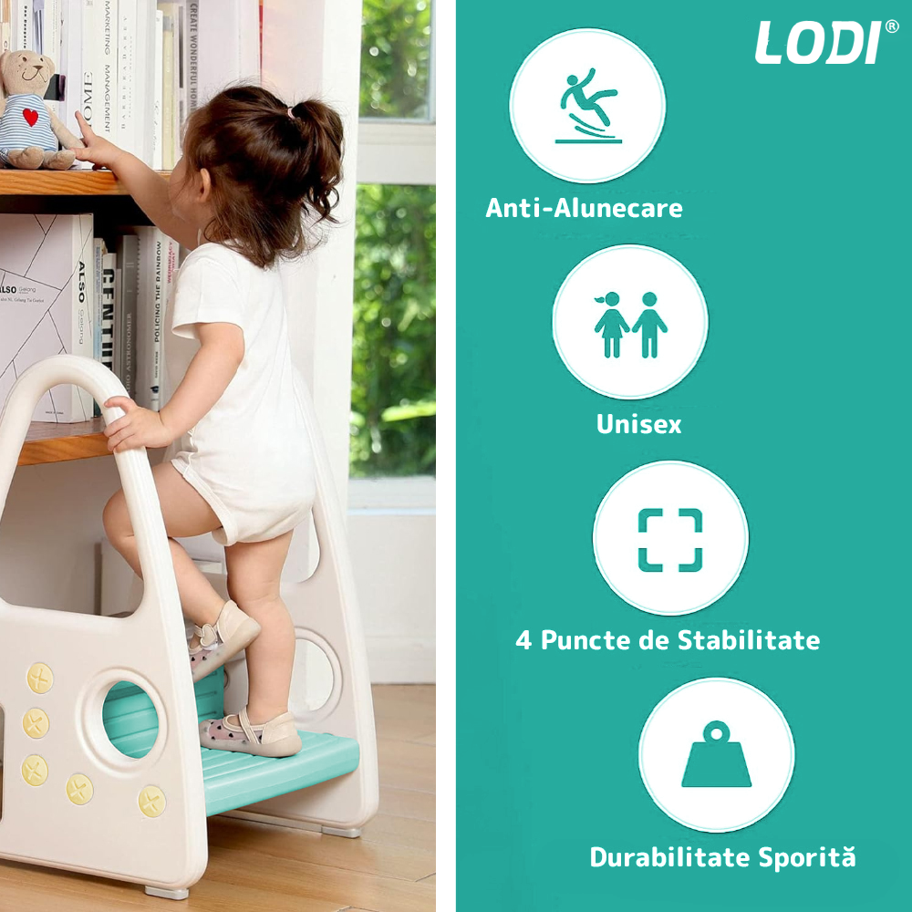 Scaunel Inaltator pentru Copii Lodi640, multifunctional,  tip scara, doua trepte, suprafata anti-alunecare, manere laterale, pentru bucatarie/baie, confortabil, sigur, turcoaz