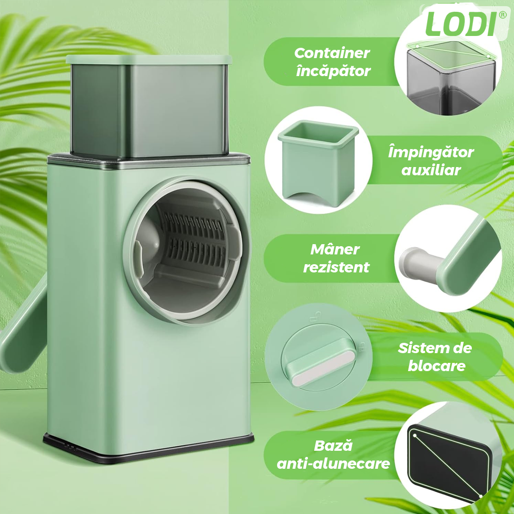 Feliator Manual Lodi1454, pentru fructe/legume/branzeturi moi, 6 lame interschimbabile, usor de utilizat, baza antialunecare cu buton de vacuum, piese detasabile, verde