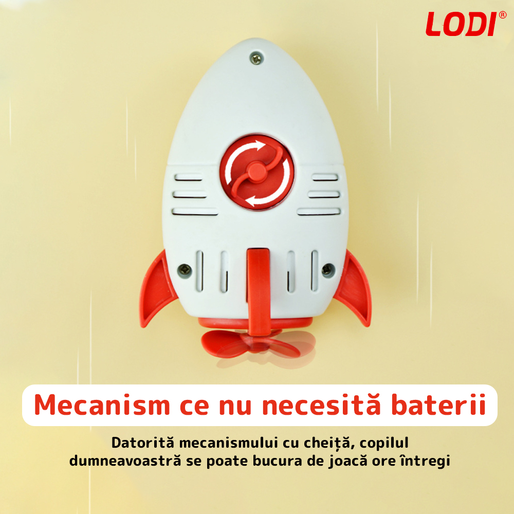 Jucarie de Baie pentru Copii Lodi37, Racheta Inotatoare, interactiva, fara baterii, mecanism cu cheita, 8x11cm, rosu/alb