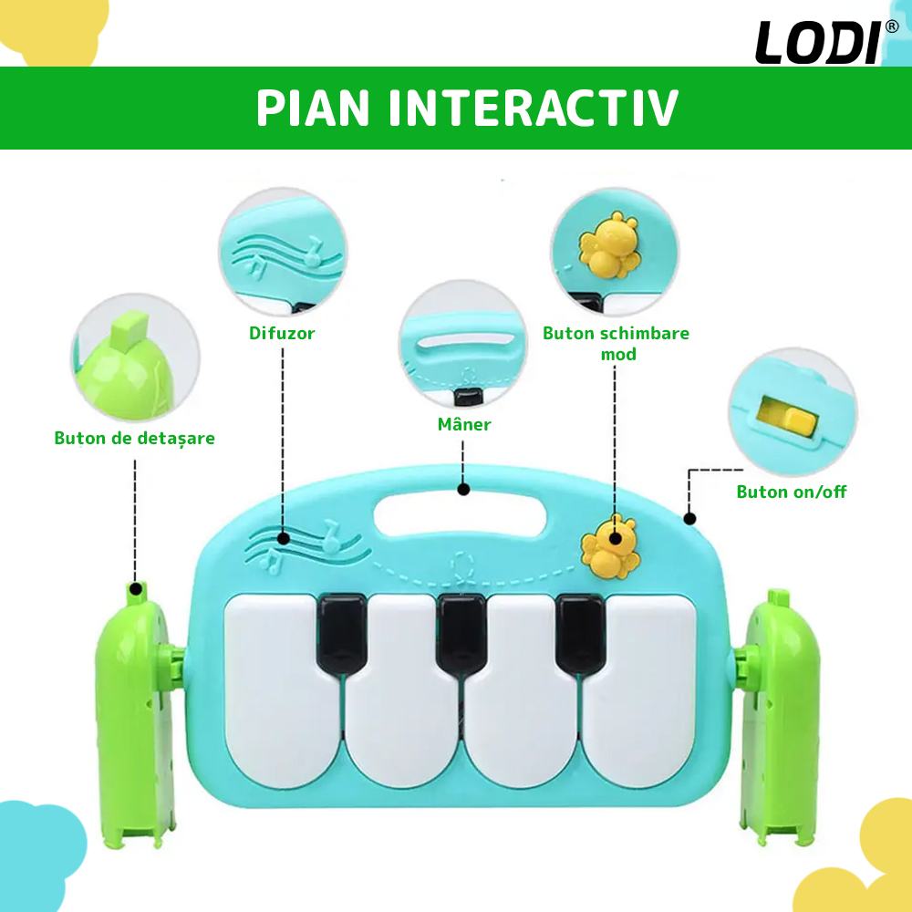 Centru de Activitati si Joaca Lodi415, saltea interactiva pentru copii  cu sunete, multifunctional, pian si oglinda detasabile, jucarii zornaitoare, 4 moduri interactive si educative, verde