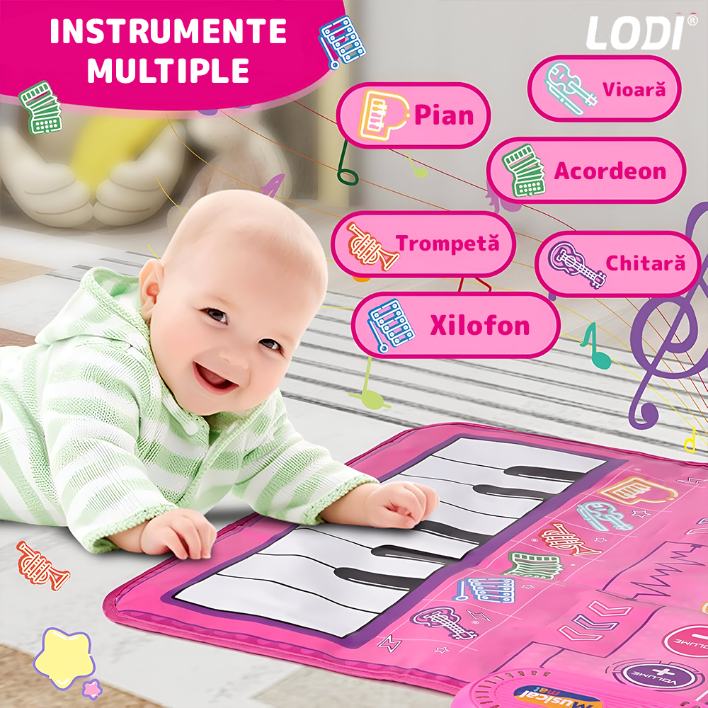 Covoras Muzical Interactiv pentru Copii Lodi1270, pian cu 8 clape, tobe, 5 instrumente muzicale incluse, acordeon, xilofon, chitara, vioara, trompeta, educational, usor de curatat, pliabil, roz
