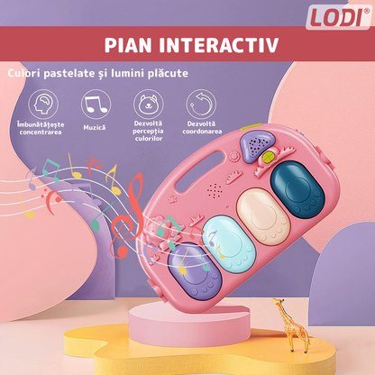 Centru de Activitati si Joaca Lodi1109, saltea interactiva pentru copii cu sunete, pian si oglinda detasabile, accesorii zornaitoare, 4 moduri interactive si educative, roz inchis
