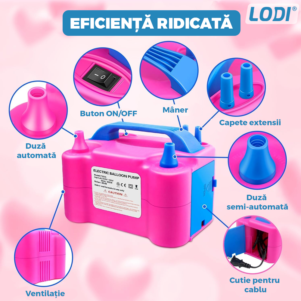 Compresor Profesional pentru Umflat Baloane Lodi1132, 2 functii de umflare, fante de ventilatie, spatiu de depozitare cablu, portabil, putere 600W, alimentare 220V, roz