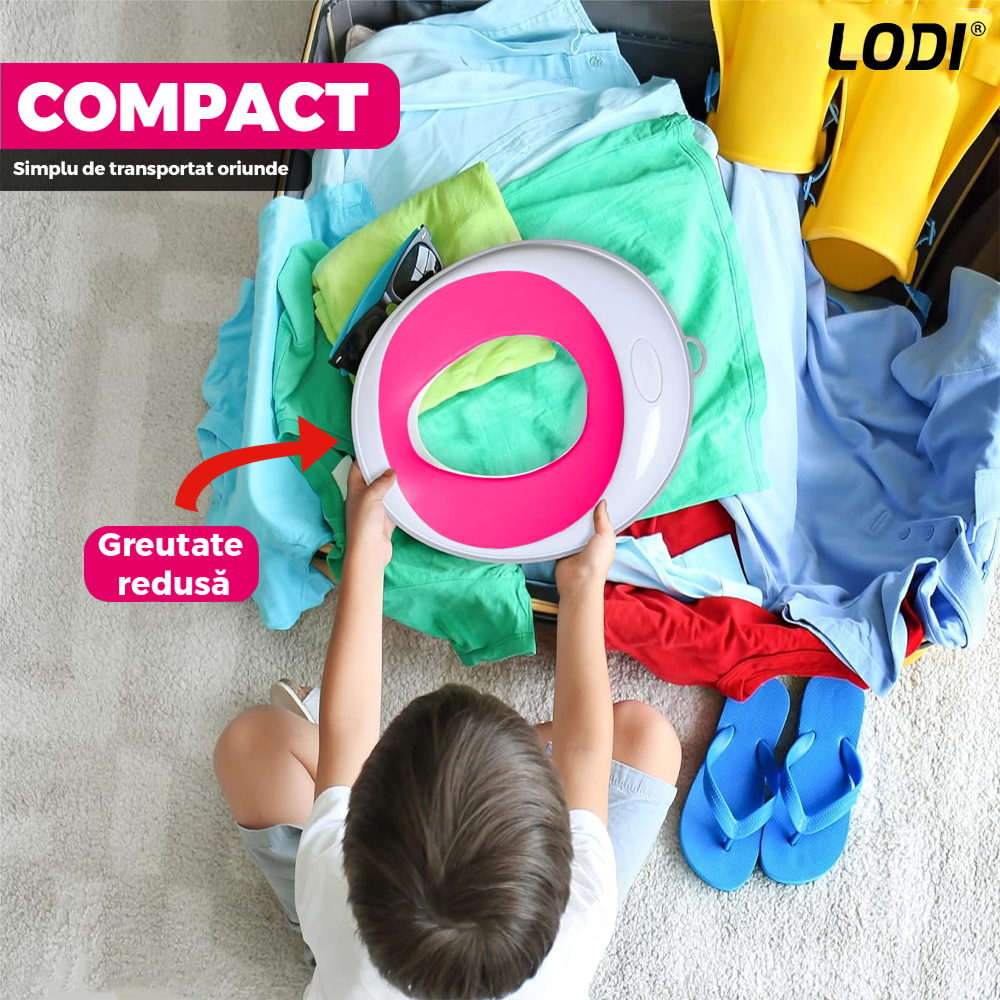 Reductor WC Copii Lodi649, suprafata antiderapanta, confortabil, protectie impotriva stropilor, compatibilitate universala, inel de prindere, portabil, alb/roz