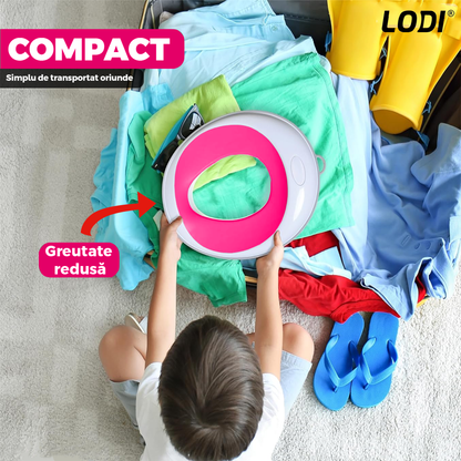 Reductor WC Copii Lodi649, suprafata antiderapanta, confortabil, protectie impotriva stropilor, compatibilitate universala, inel de prindere, portabil, alb/roz