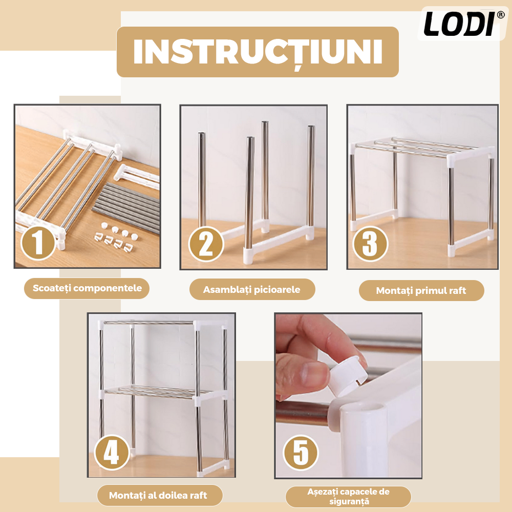 Raft Universal Lodi1484, pretabil cuptor cu microunde, pentru bucatarie/baie/sufragerie, 3 niveluri, din otel inoxidabil, usor de montat, capacitate ridicata, alb