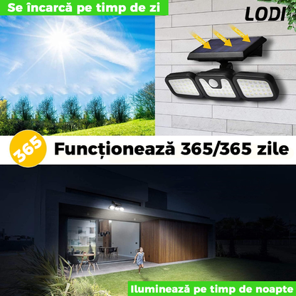 Lampa Solara Tripla 72 LED-uri Lodi64, senzor de miscare, 3 moduri de iluminare, protectie IP67, Waterproof, exterior, negru