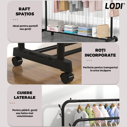 Suport pentru Umerase Lodi1243, haine/pantofi/genti, capacitate ridicata, mobil, roti cu frana incorporate, cuiere laterale, metal, 150 x 96 x 45 cm, negru