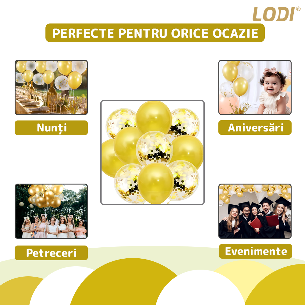Set 10 Baloane Lodi769, Confeti, pentru Petreceri/Aniversari/Evenimente, o singura dimensiune, 2 culori, latex, gold