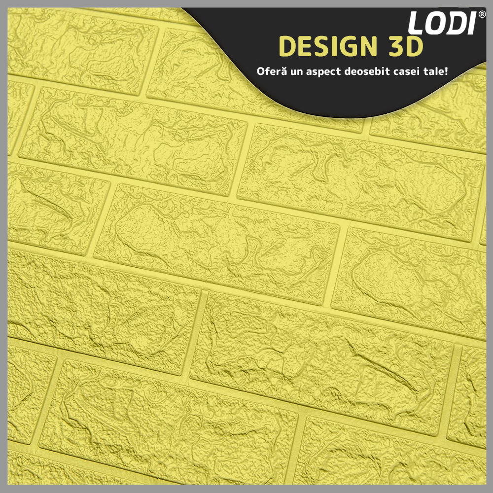 Set Tapet Caramida 3D Lodi55, suprafata acoperire 5.3 mp, autoadeziv, waterproof, usor de montat, design modern, 70x77 cm, galben