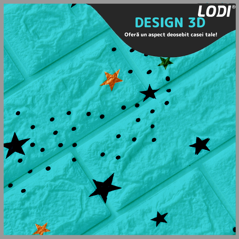 Set Tapet Caramida 3D Lodi71, model Stelute, suprafata acoperire 5.3 mp, autoadeziv, waterproof, usor de montat, design modern, 70x77 cm, albastru