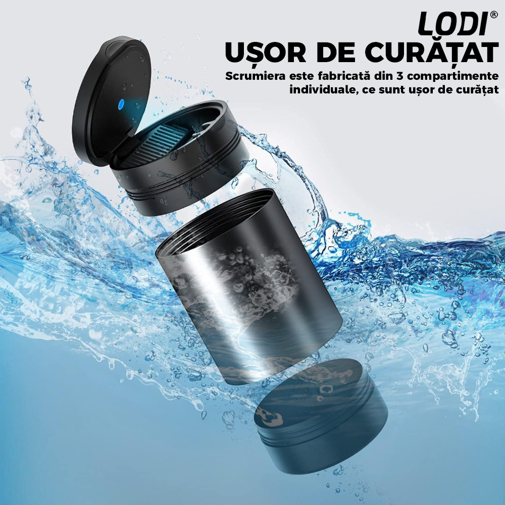Scrumiera Auto Mini Car Ashtray Lodi112, indicator LED, deschidere inteligenta, interior metal, 3 compartimente detasabile, design elegant, negru