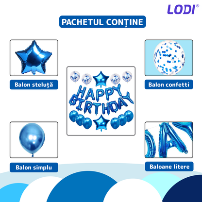Set 25 Baloane Lodi756, Litere, pentru Petreceri/Aniversari/Evenimente, confetti, stelute, model HAPPY BIRTHDAY, albastru