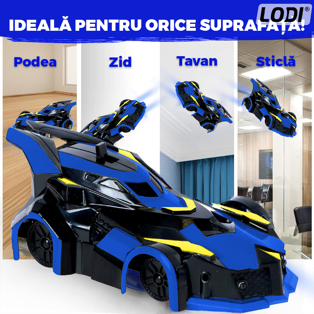 Masinuta Antigravitationala cu Telecomanda Lodi1428, urcare pe pereti si tavan, compatibila cu orice suprafata, rotire 360 de grade, senzor infrarosu, incarcare cu port USB, telecomanda intuitiva, albastru/negru