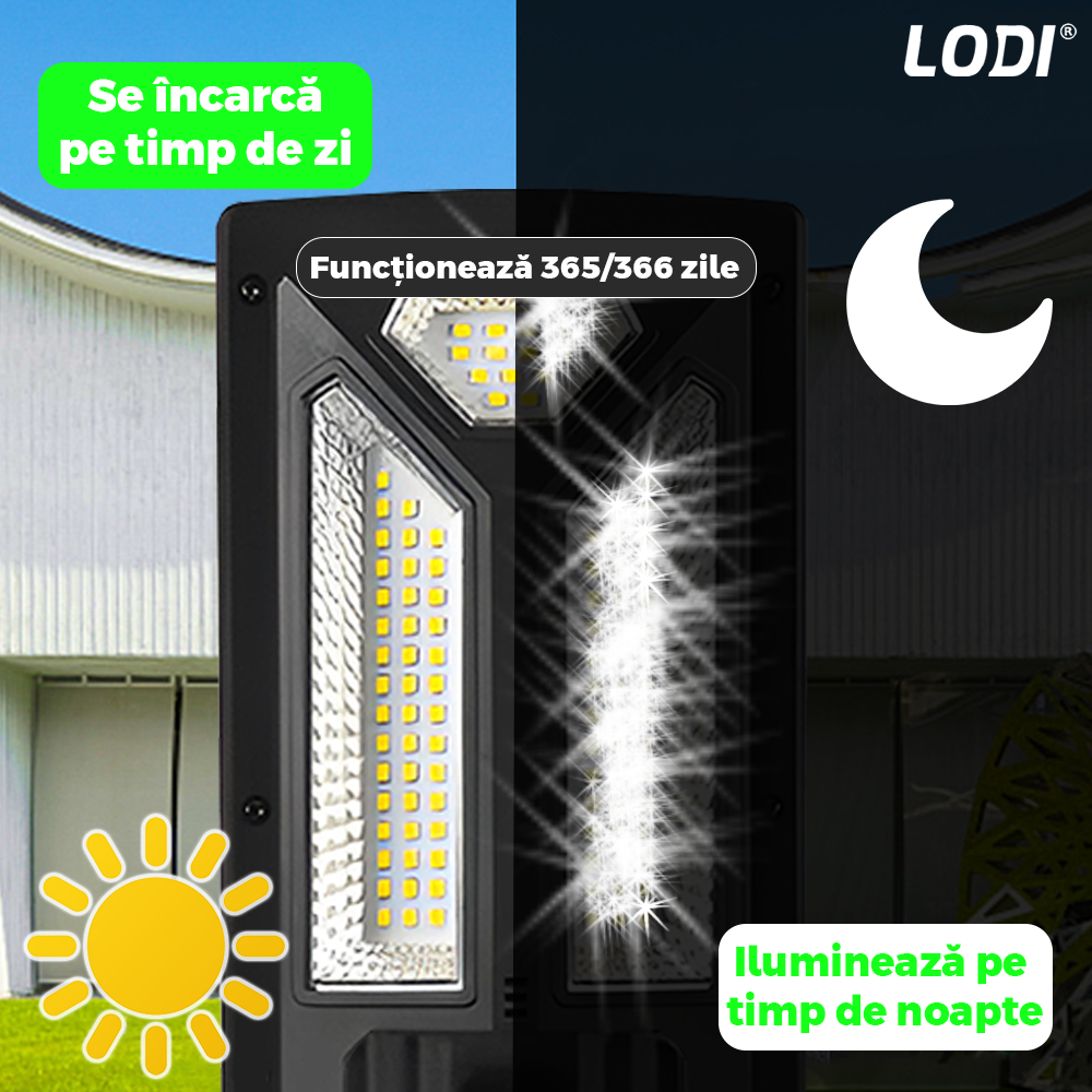 Lampa Solara Stradala 102 LED-uri Lodi881, control prin telecomanda, senzor de miscare, 3 moduri de iluminare, protectie IP65, Waterproof, exterior, negru