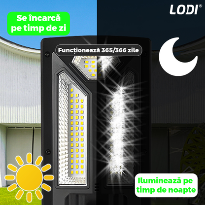 Lampa Solara Stradala 102 LED-uri Lodi881, control prin telecomanda, senzor de miscare, 3 moduri de iluminare, protectie IP65, Waterproof, exterior, negru