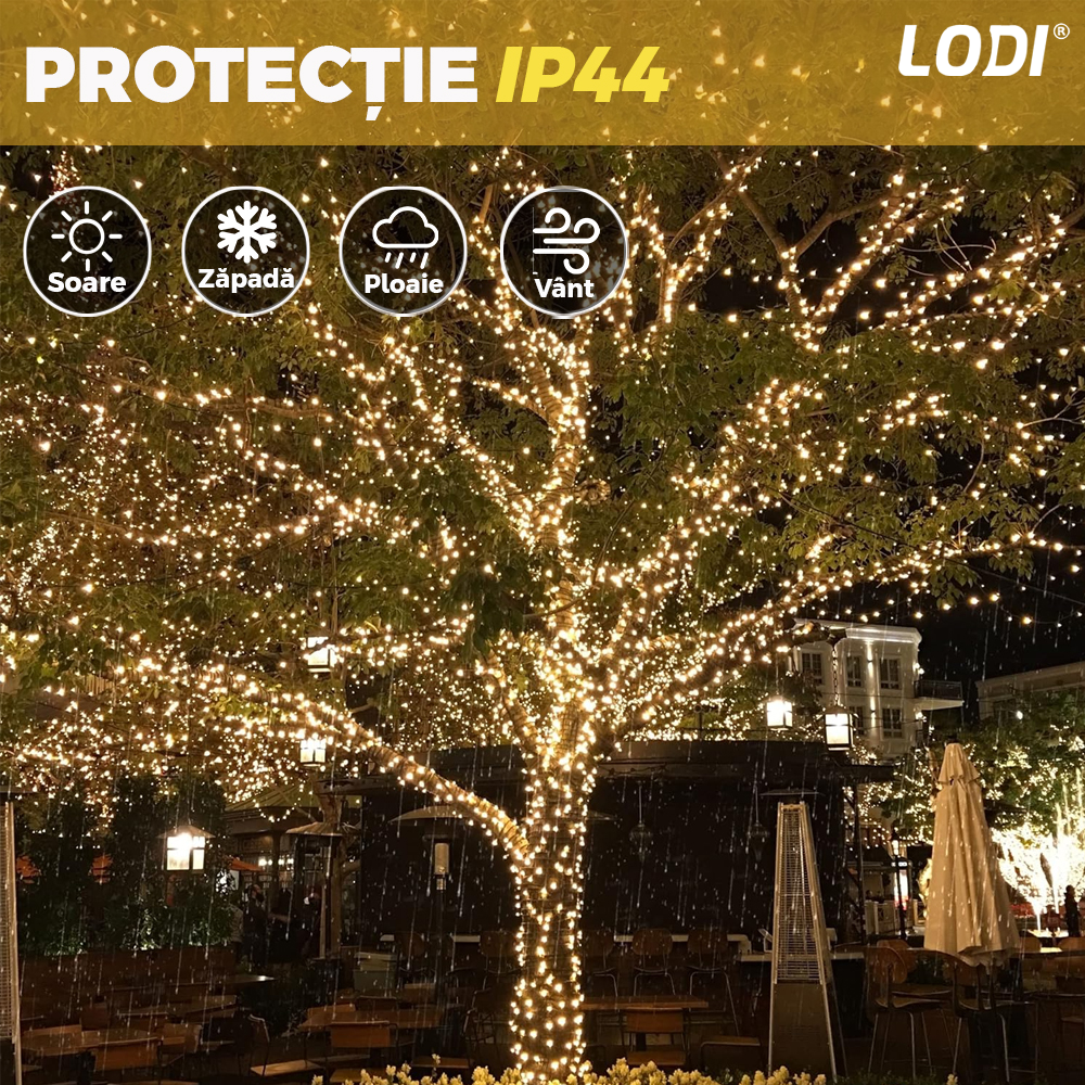 Instalatie de Craciun Liniara Lodi1457, 15 m, 8 jocuri de lumini, alimentare la priza, fir transparent, interior/exterior, rezistenta la apa, 200 LED-uri, alb cald