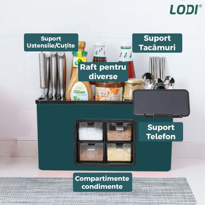 Organizator Multifunctional pentru Bucatarie Lodi537, 4 Compartimente, raft condimente, suport detasabil telefon,  tavita de scurgere, suport tacamuri/ustensile, verde inchis