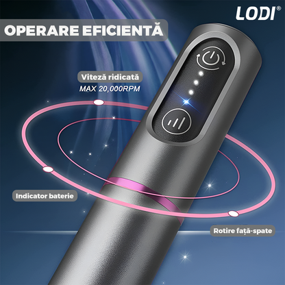 Pila Electrica Profesionala pentru Unghii Lodi1139, freza wireless, 20000 RPM, indicator LED, manichiura-pedichiura, 6 capete pentru pila, 60 benzi de slefurie, portabila, gri