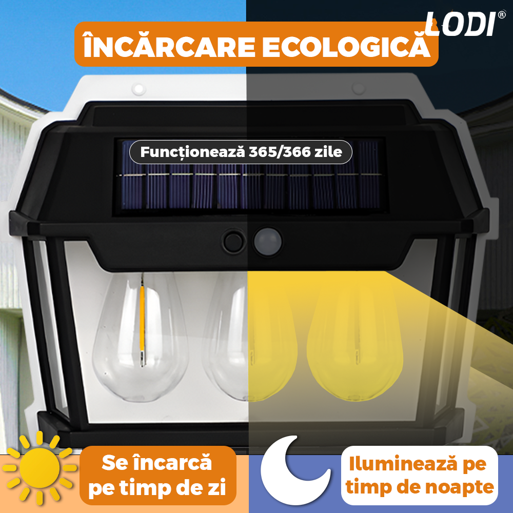 Lampa Solara de Perete LED Tip Felinar Triplu Lodi1274, senzor de miscare 5-8 metri, fara fir, 3 moduri de iluminare, protectie IP65, Waterproof, exterior, negru