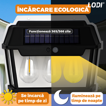 Lampa Solara de Perete LED Tip Felinar Triplu Lodi1274, senzor de miscare 5-8 metri, fara fir, 3 moduri de iluminare, protectie IP65, Waterproof, exterior, negru