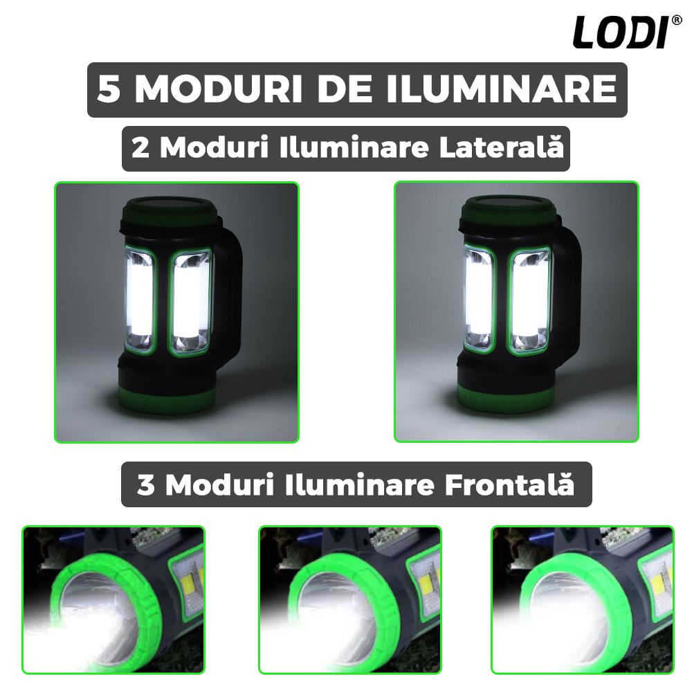 Lanterna Solara de Camping Lodi270, 2 moduri de alimentare, 5 moduri de iluminare, portabila, pentru drumetii, port USB, reincarcabila, verde