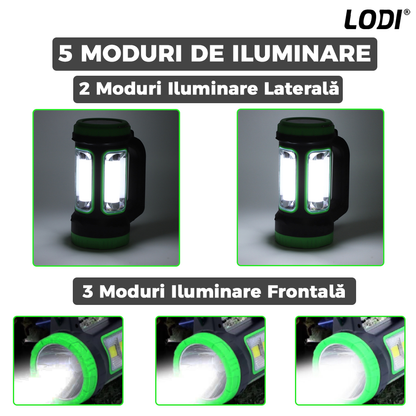 Lanterna Solara de Camping Lodi270, 2 moduri de alimentare, 5 moduri de iluminare, portabila, pentru drumetii, port USB, reincarcabila, verde