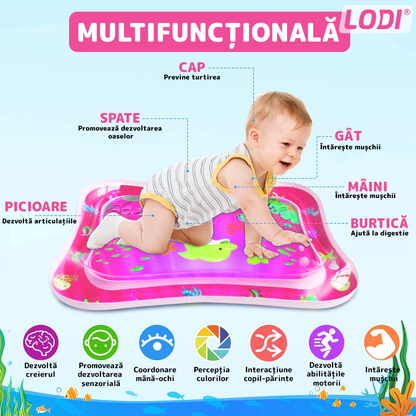 Saltea cu Apa pentru Bebelusi Lodi1207, centru de activitati si joaca, gonflabila, umpluta cu lichid, jucarii senzoriale tip animale marine, design distractiv, roz