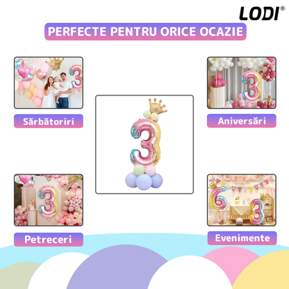 Set 14 Baloane Lodi1045, Cifra 3, pentru Petreceri/Aniversari/Evenimente, coronita, balon cifra, baloane clasice, multicolor