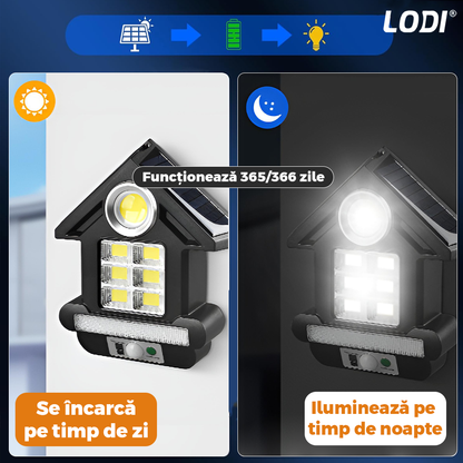 Lampa Solara in Forma de Casa 81 LED-uri Lodi889, senzor de miscare, 3 moduri de iluminare, protectie IP65, Waterproof, exterior, negru