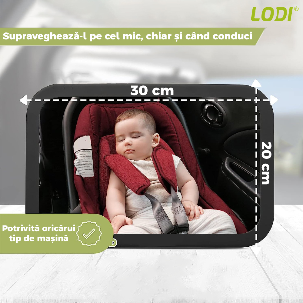 Oglinda Auto Supraveghere Bebe Lodi125, fixare tetiera, anti-alunecare, rotire 360 grade, curele reglabile, convexa, 30x20 cm, negru
