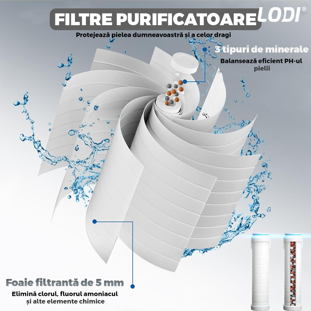 Para de Dus Lodi976, 6 filtre extra, buton On/Off, presiune ajustabila, filtrare apa, jet uniform, zimti de silicon pentru curatare, gri