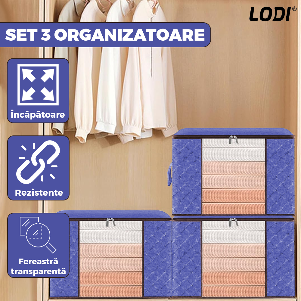Set 3 Cutii pentru Depozitare si Organizare Mici Lodi1039, pliabile, maner ranforsat si fereastra transparenta, pentru haine/paturi/ plapumi/ perne/ lenjerii de pat/jucarii, 60 L, 46x48x28 cm, albastru