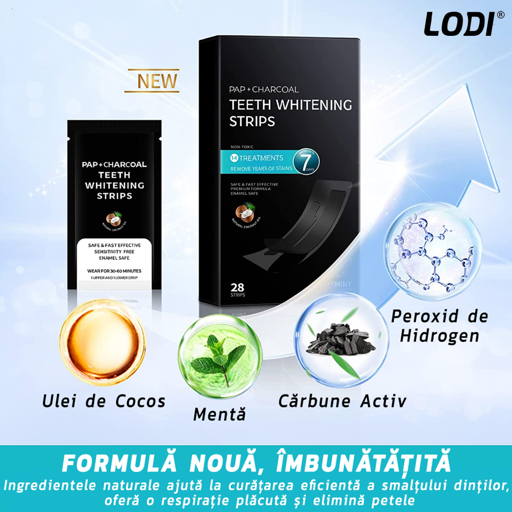 Set 14 Benzi pentru Albirea Dintilor Lodi471, IVISMILE, Carbune Activ si PAP, 7 Plicuri