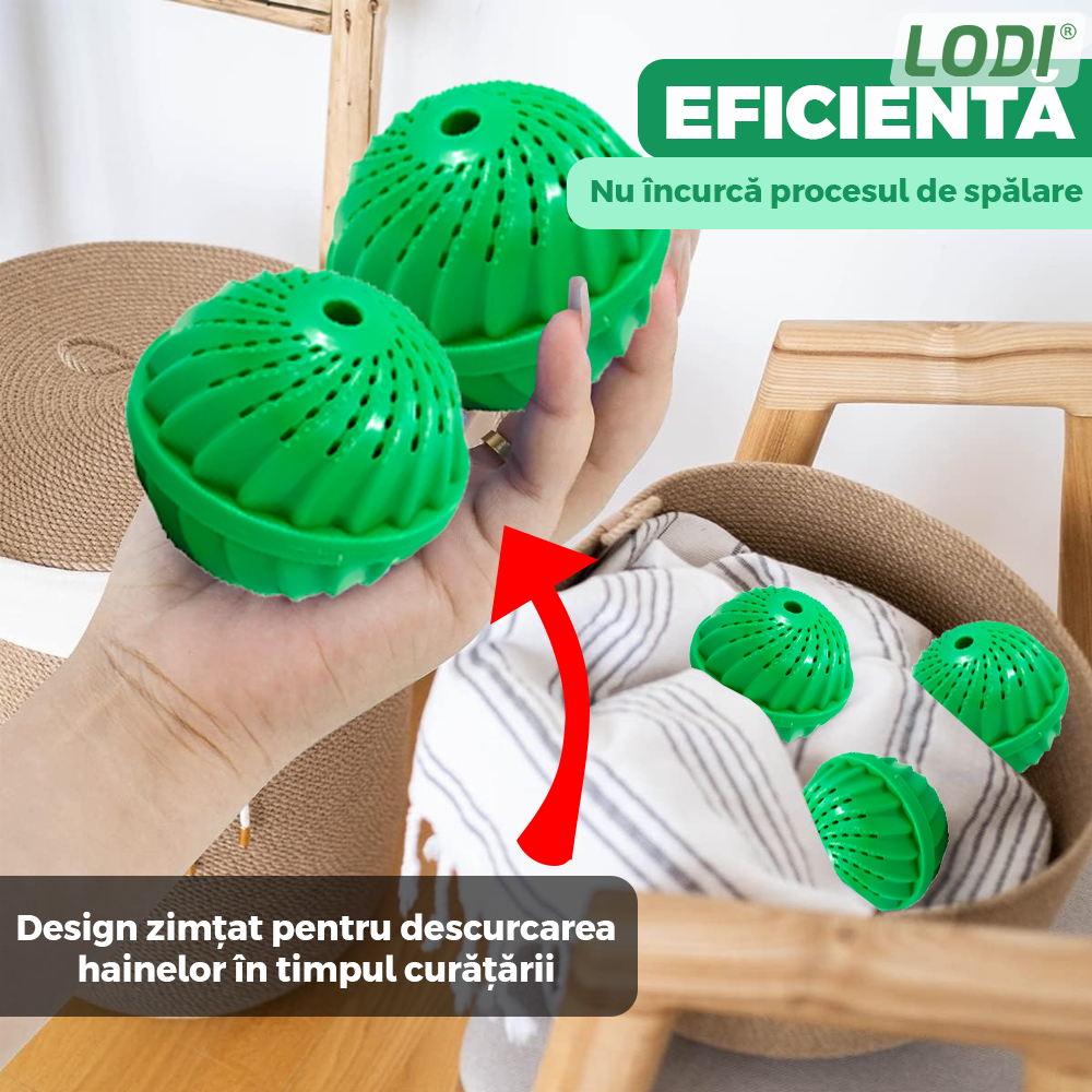 Bila pentru Masina de Spalat si Uscator Lodi997, reduce timpul de uscare al hainelor, previne mirosurile neplacute si depunerile de calcar, ajuta impotriva sifonarii si incurcarii hainelor, previne incarcarea statica, compacta, reutilizabila, verde
