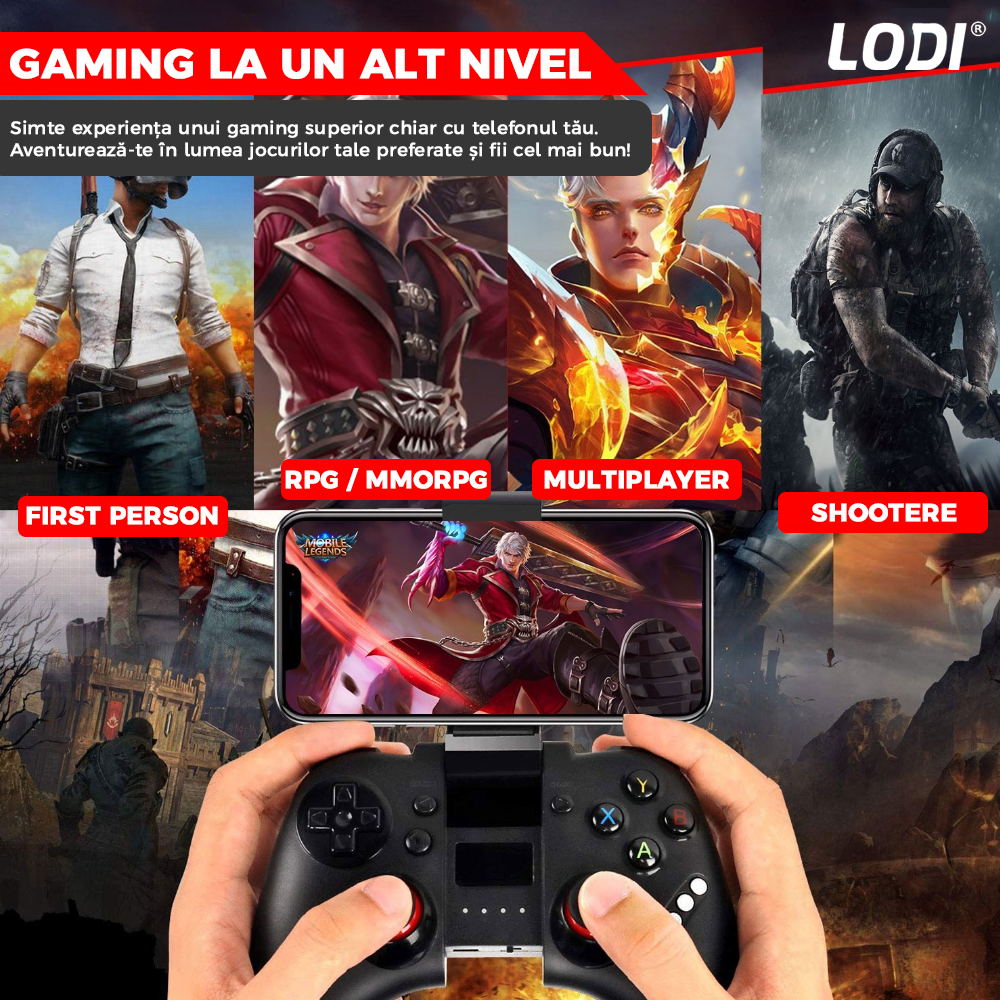 Controller Gamepad 3in1 Lodi463, Bluetooth, compatibil IOS/Android/PC, autonomie 20 ore, suport telefon reglabil, multiple functii, Negru