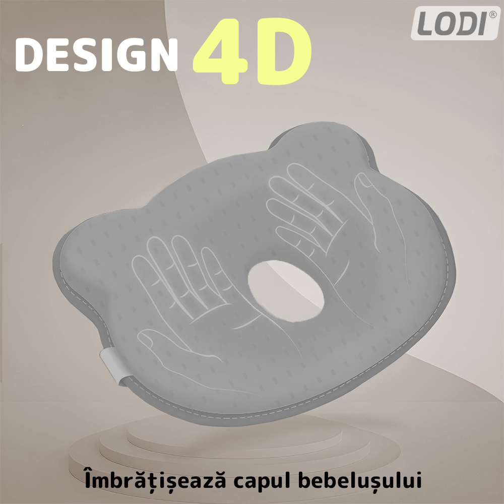 Perna pentru Bebelusi Lodi994, model ursulet, husa de protectie inclusa, spuma cu memorie, anti-plagiocefalie, pentru formarea capului, 26x22 cm, gri inchis