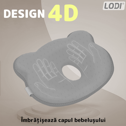 Perna pentru Bebelusi Lodi994, model ursulet, husa de protectie inclusa, spuma cu memorie, anti-plagiocefalie, pentru formarea capului, 26x22 cm, gri inchis