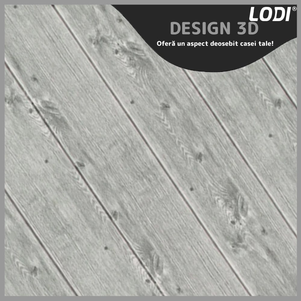Set Tapet Panou 3D Lodi93, Model Lemn, suprafata acoperire 4.9 mp, autoadeziv, waterproof, usor de montat, design modern, 70x70 cm, gri