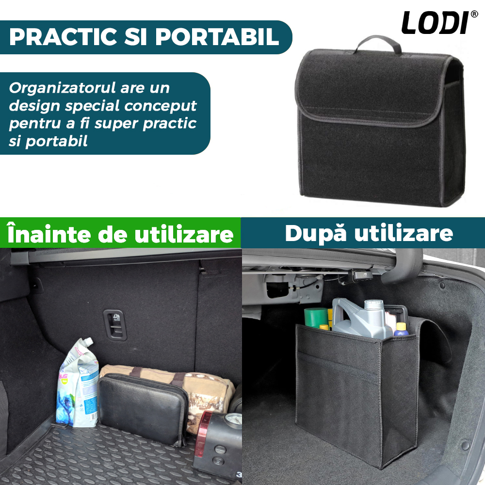 Organizator Auto Portbagaj Lodi295, 1 compartiment, tip geanta, portabil, inchidere velcro, multifunctional, universal, negru