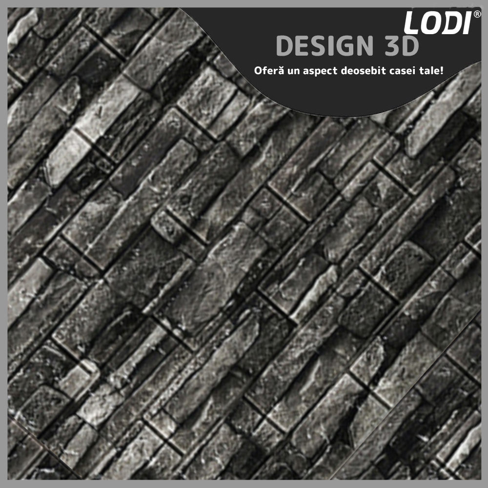 Set Tapet Caramida 3D Lodi82, Model Piatra Naturala, suprafata acoperire 5.3 mp,autoadeziv, waterproof, usor de montat, design modern, 70x77 cm, gri inchis