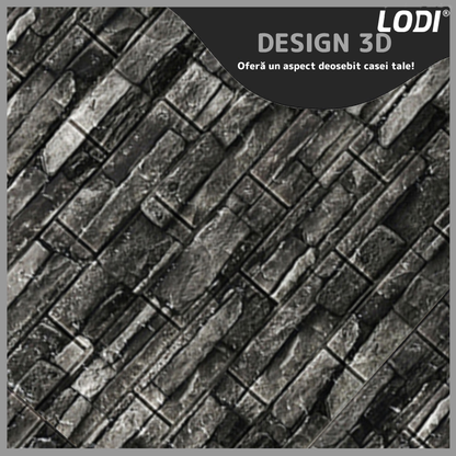 Set Tapet Caramida 3D Lodi82, Model Piatra Naturala, suprafata acoperire 5.3 mp,autoadeziv, waterproof, usor de montat, design modern, 70x77 cm, gri inchis