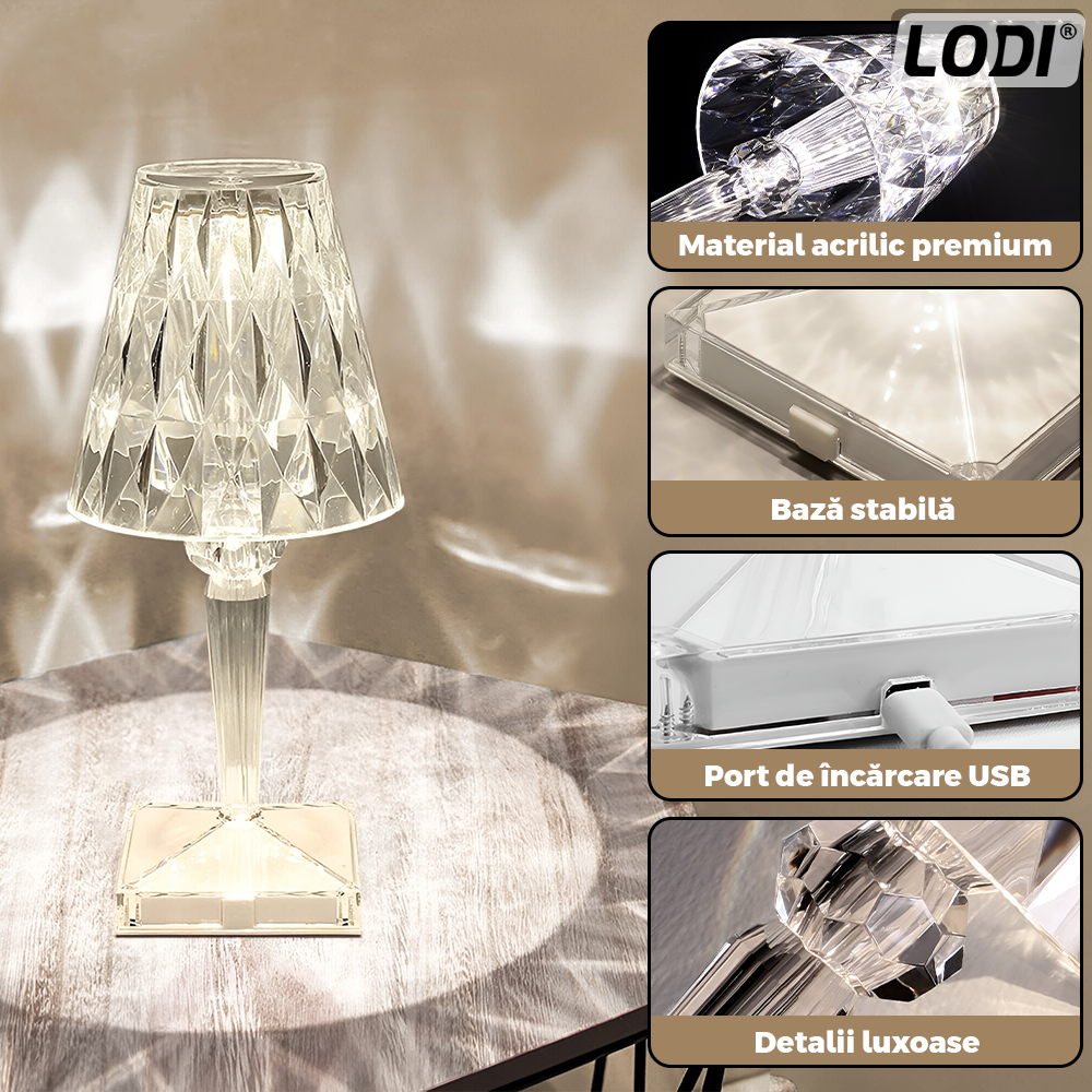 Lampa Ambientala Cristal LED Lodi1219, veioza, portabila, 3 moduri de iluminare, intensitate ajustabila, tactila, incarcare USB