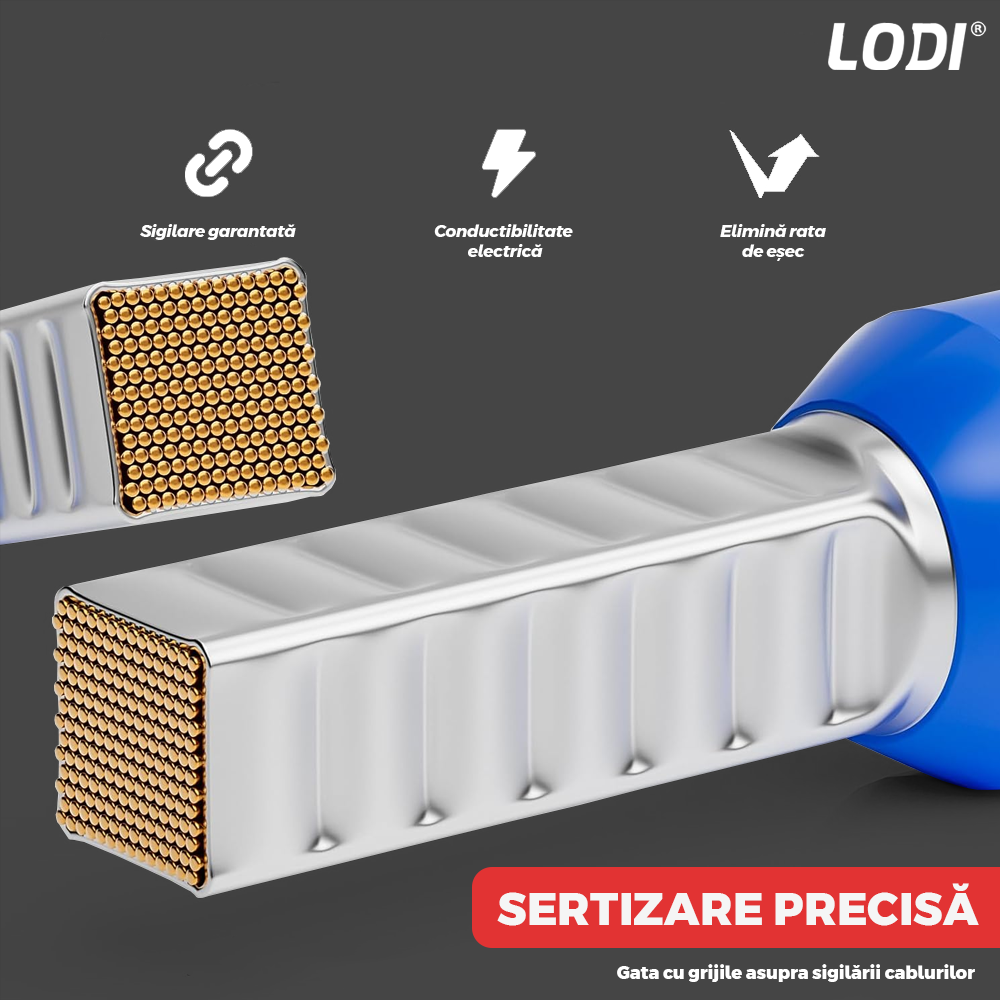 Trusa Sertizare Cabluri Electrice Lodi1268, ferule, cleste sertizare auto-reglabil cu revenire automata 0.25-10mm, maner anti-alunecare, 500 pini terminali, rosu/albastru