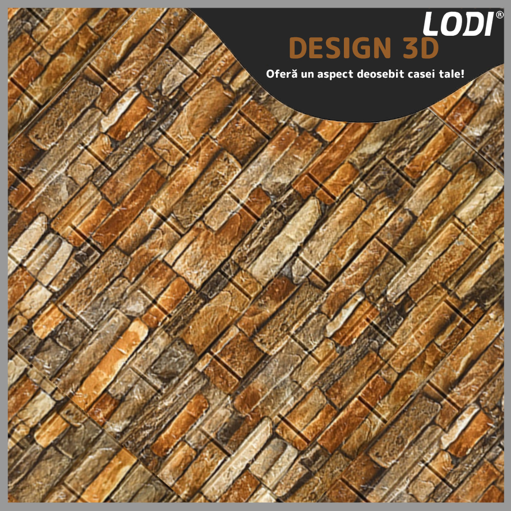 Set Tapet Caramida 3D Lodi84, Model Piatra Naturala, suprafata acoperire 5.3 mp, autoadeziv, waterproof, usor de montat, design modern, 70x77 cm, maro