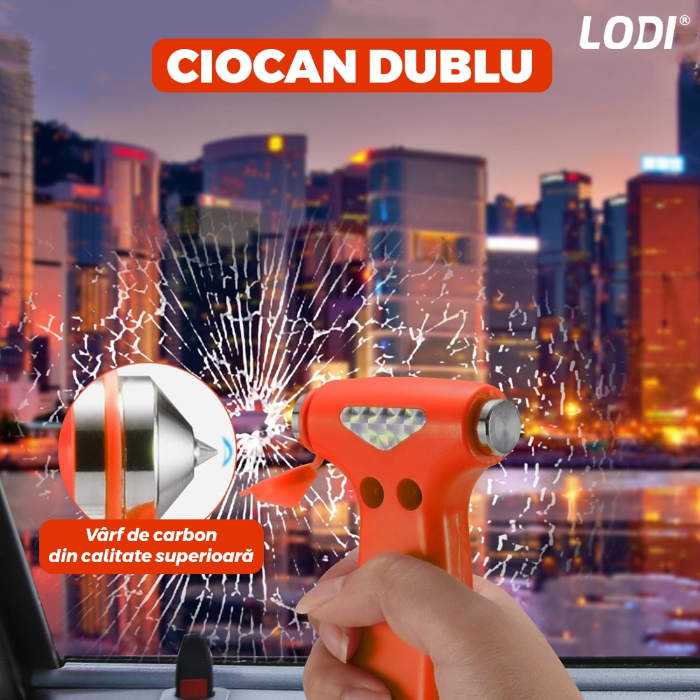 Set 2 Dispozitive de Spart Geamul Lodi1066 tip ciocan, doua capete, cutter pentru taiat centura, protectie anti-taieturi, carcasa inclusa, rosu