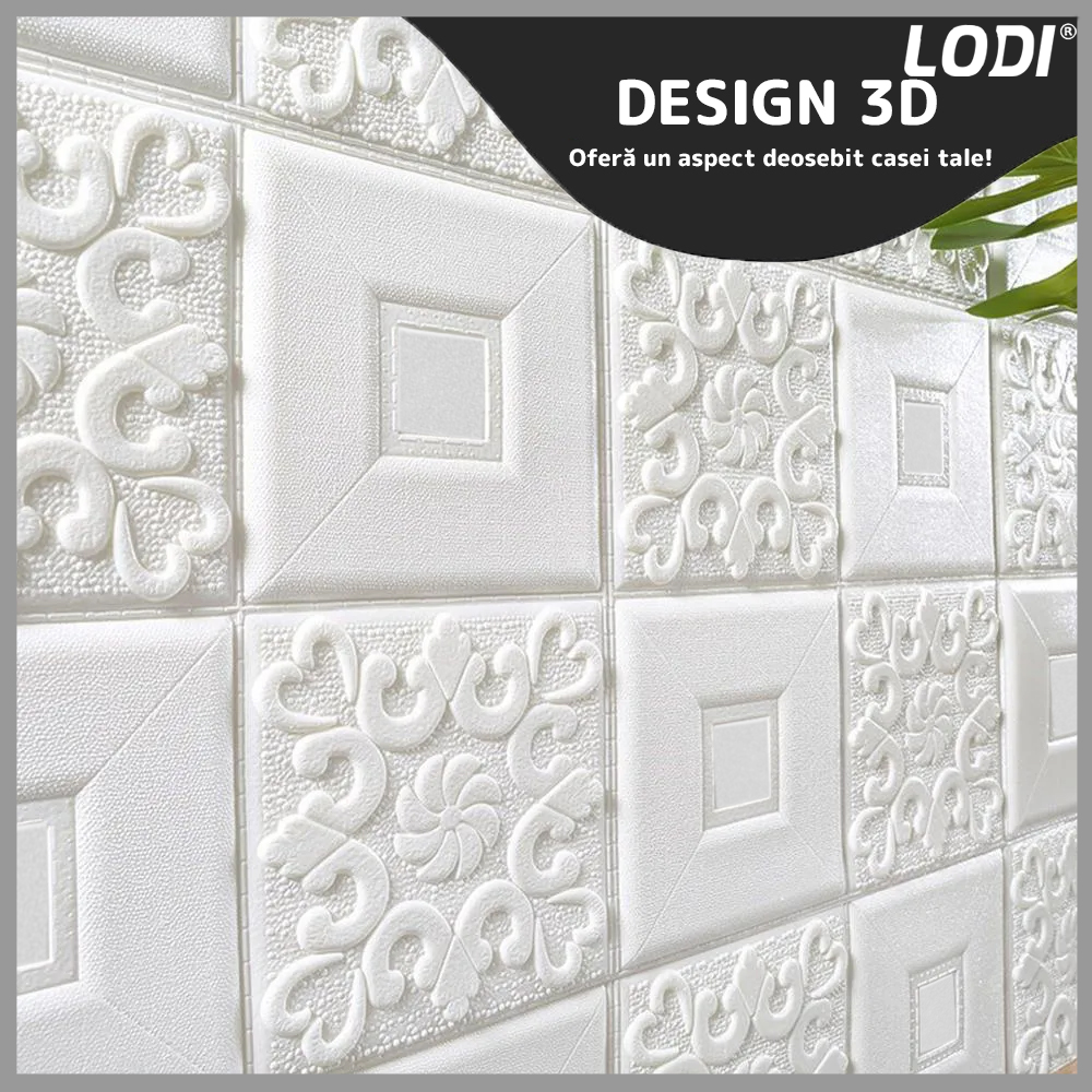 Set Tapet Mic 3D Lodi108, suprafata acoperire 3.06 mp, autoadeziv, perete/tavan, waterproof, usor de montat, design modern, 35x35 cm, alb
