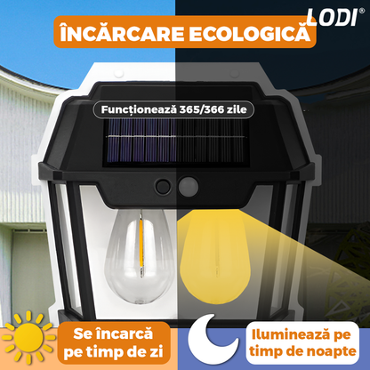 Lampa Solara de Perete LED Tip Felinar Dublu Lodi1273, senzor de miscare 5-8 metri, fara fir, 3 moduri de iluminare, protectie IP65, Waterproof, exterior, negru
